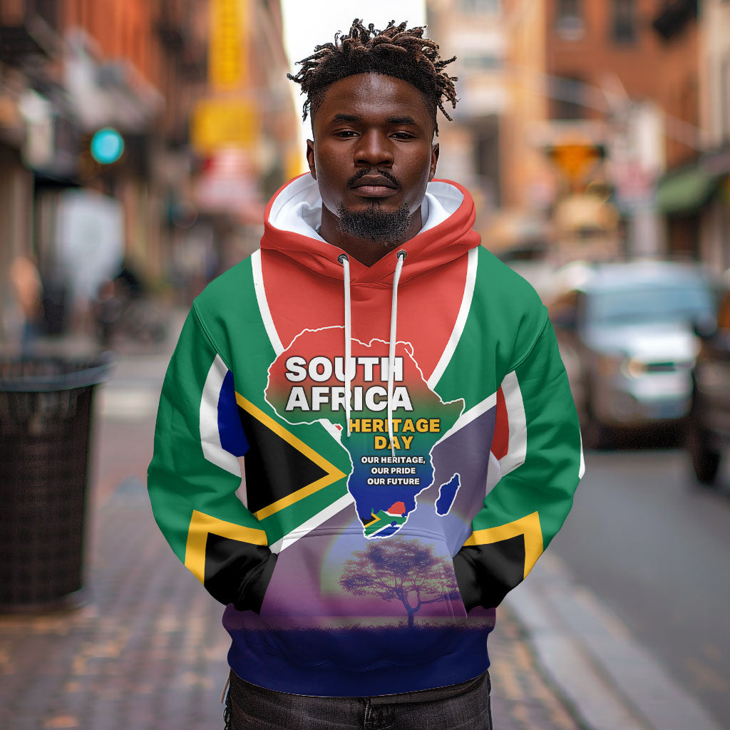 South Africa Heritage Day Hoodie Celebrating Roots Flag Map Sunset Savanna