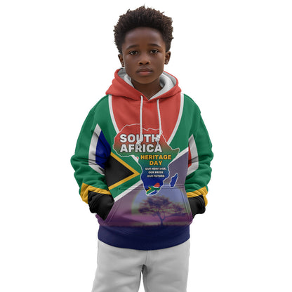 South Africa Heritage Day Kid Hoodie Celebrating Roots Flag Map Sunset Savanna