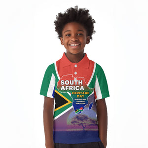 South Africa Heritage Day Kid Polo Shirt Celebrating Roots Flag Map Sunset Savanna