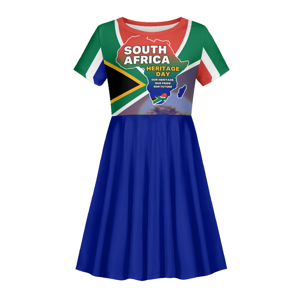 South Africa Heritage Day Kid Short Sleeve Dress Celebrating Roots Flag Map Sunset Savanna