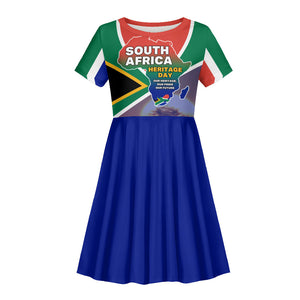South Africa Heritage Day Kid Short Sleeve Dress Celebrating Roots Flag Map Sunset Savanna