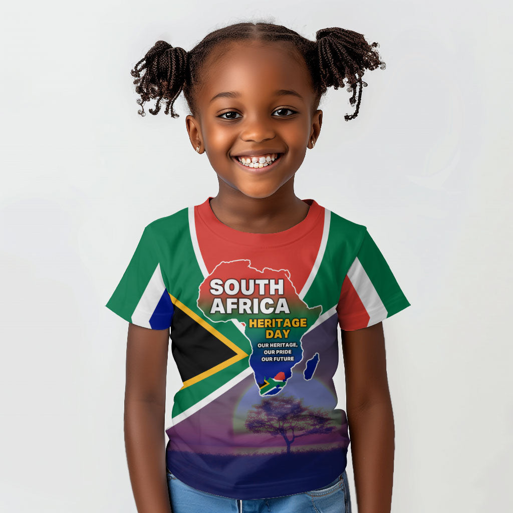 South Africa Heritage Day Kid T shirt Celebrating Roots Flag Map Sunset Savanna