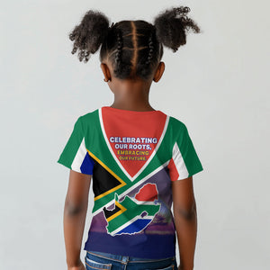 South Africa Heritage Day Kid T shirt Celebrating Roots Flag Map Sunset Savanna