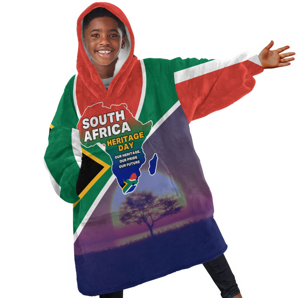 South Africa Heritage Day Kid Wearable Blanket Hoodie Celebrating Roots Flag Map Sunset Savanna