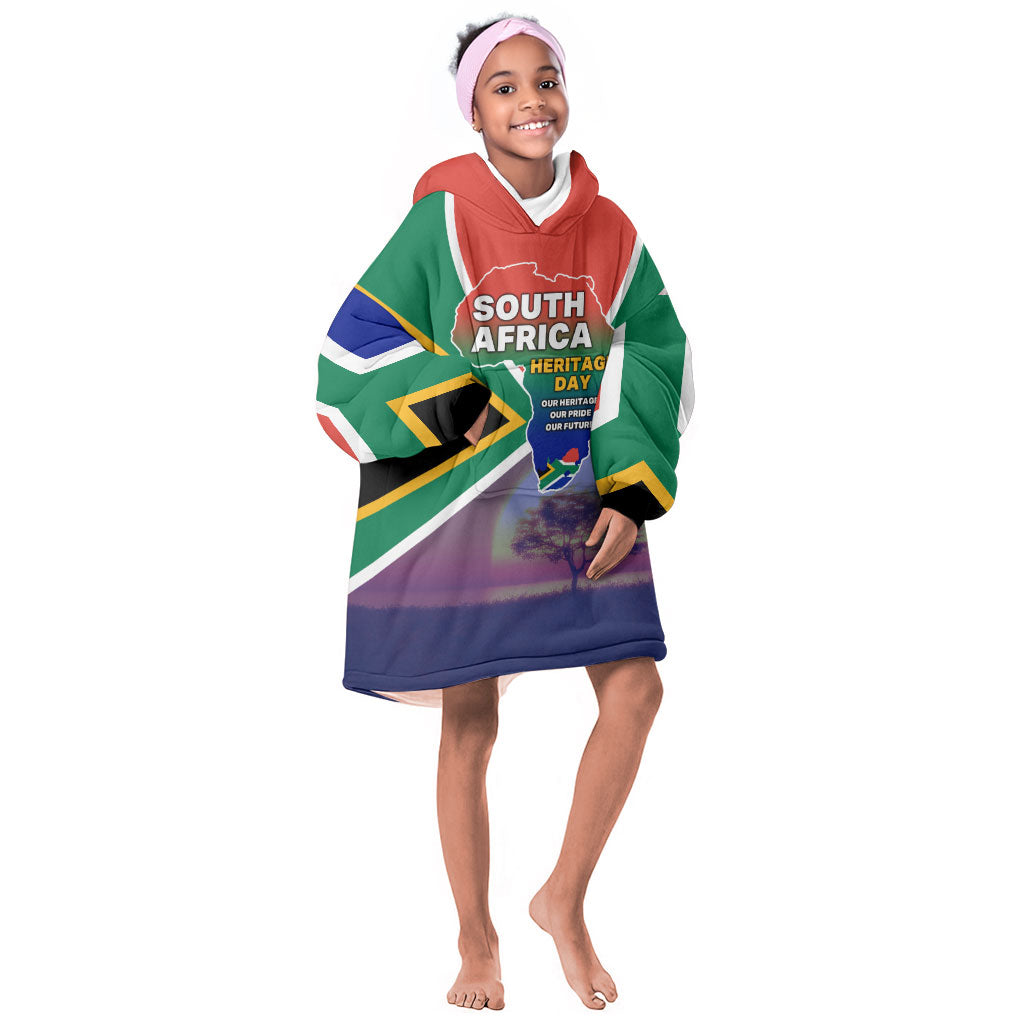 South Africa Heritage Day Kid Wearable Blanket Hoodie Celebrating Roots Flag Map Sunset Savanna