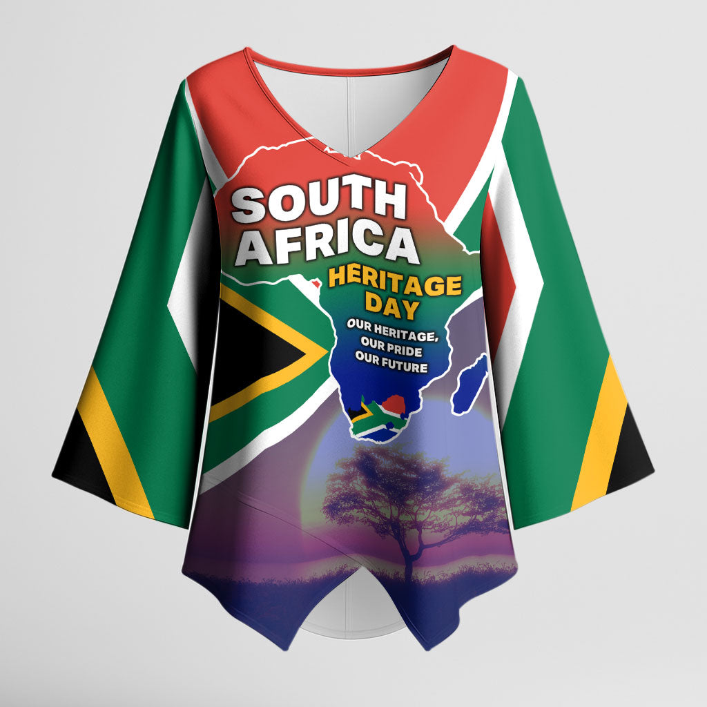 South Africa Heritage Day Kimono Sleeve Blouse Celebrating Roots Flag Map Sunset Savanna