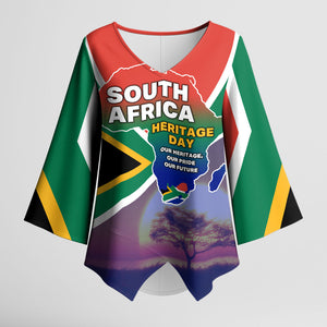 South Africa Heritage Day Kimono Sleeve Blouse Celebrating Roots Flag Map Sunset Savanna