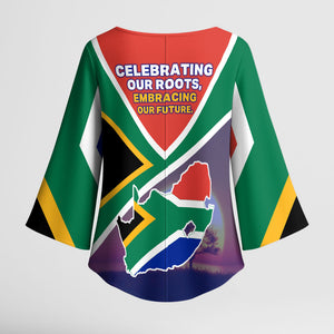 South Africa Heritage Day Kimono Sleeve Blouse Celebrating Roots Flag Map Sunset Savanna