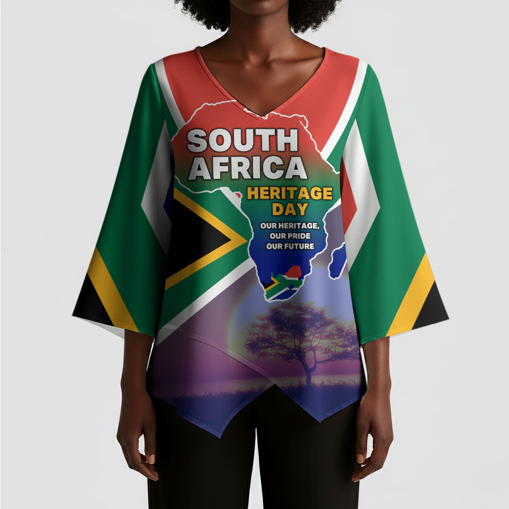 South Africa Heritage Day Kimono Sleeve Blouse Celebrating Roots Flag Map Sunset Savanna