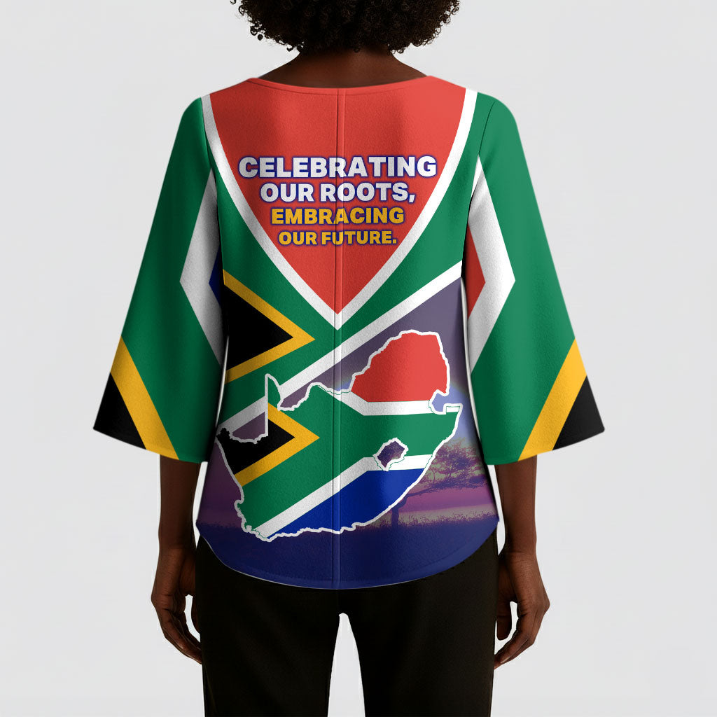 South Africa Heritage Day Kimono Sleeve Blouse Celebrating Roots Flag Map Sunset Savanna
