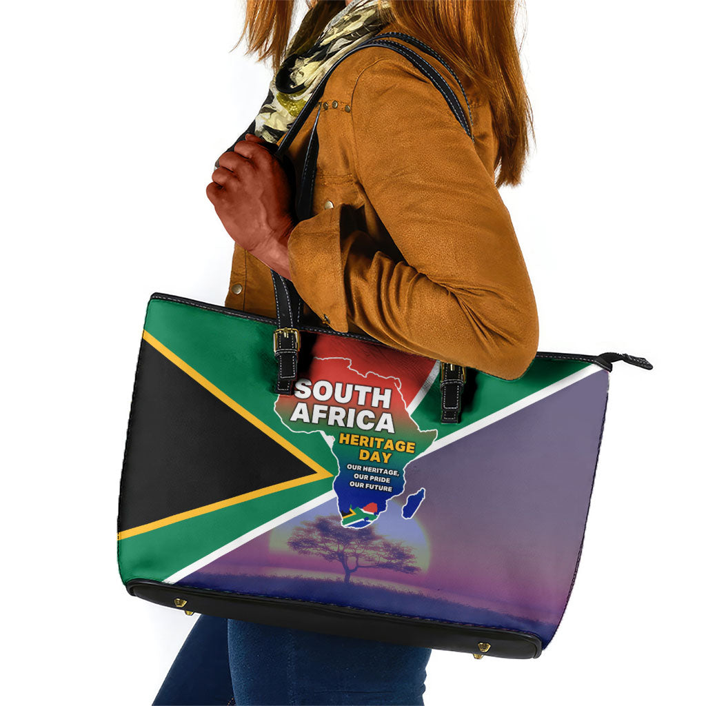 South Africa Heritage Day Leather Tote Bag Celebrating Roots Flag Map Sunset Savanna