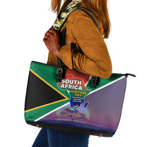 South Africa Heritage Day Leather Tote Bag Celebrating Roots Flag Map Sunset Savanna