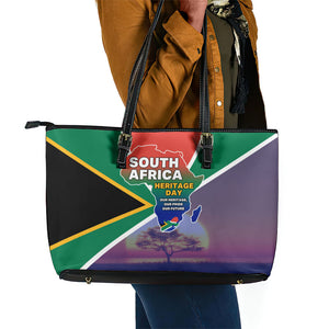 South Africa Heritage Day Leather Tote Bag Celebrating Roots Flag Map Sunset Savanna