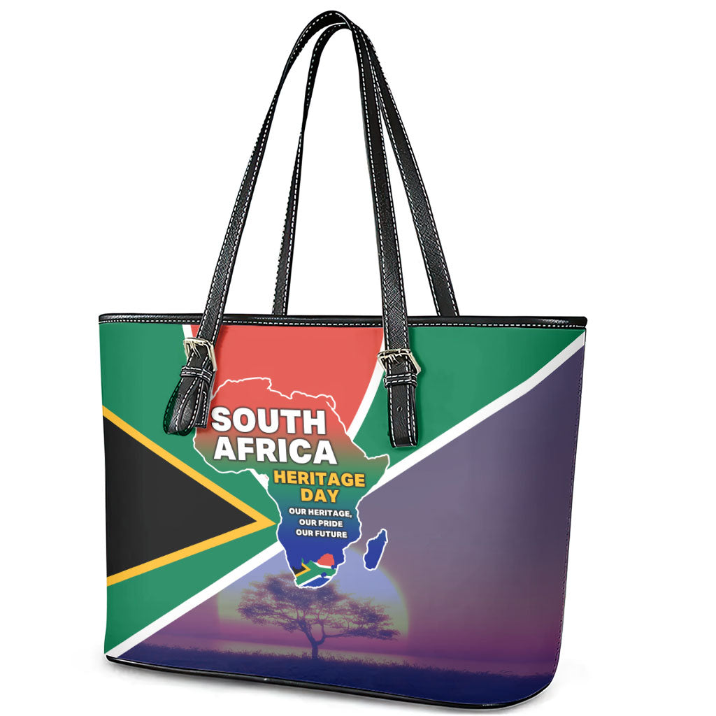 South Africa Heritage Day Leather Tote Bag Celebrating Roots Flag Map Sunset Savanna