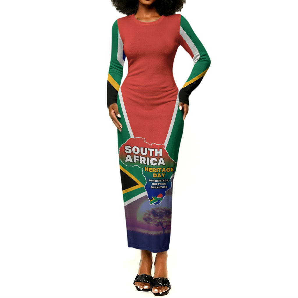 South Africa Heritage Day Long Sleeve Bodycon Dress Celebrating Roots Flag Map Sunset Savanna