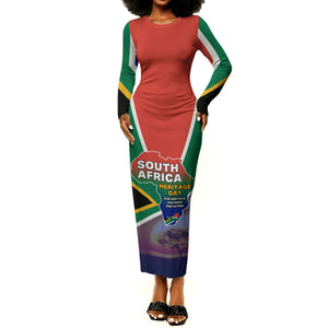 South Africa Heritage Day Long Sleeve Bodycon Dress Celebrating Roots Flag Map Sunset Savanna