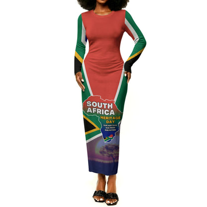 South Africa Heritage Day Long Sleeve Bodycon Dress Celebrating Roots Flag Map Sunset Savanna