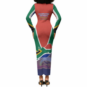 South Africa Heritage Day Long Sleeve Bodycon Dress Celebrating Roots Flag Map Sunset Savanna