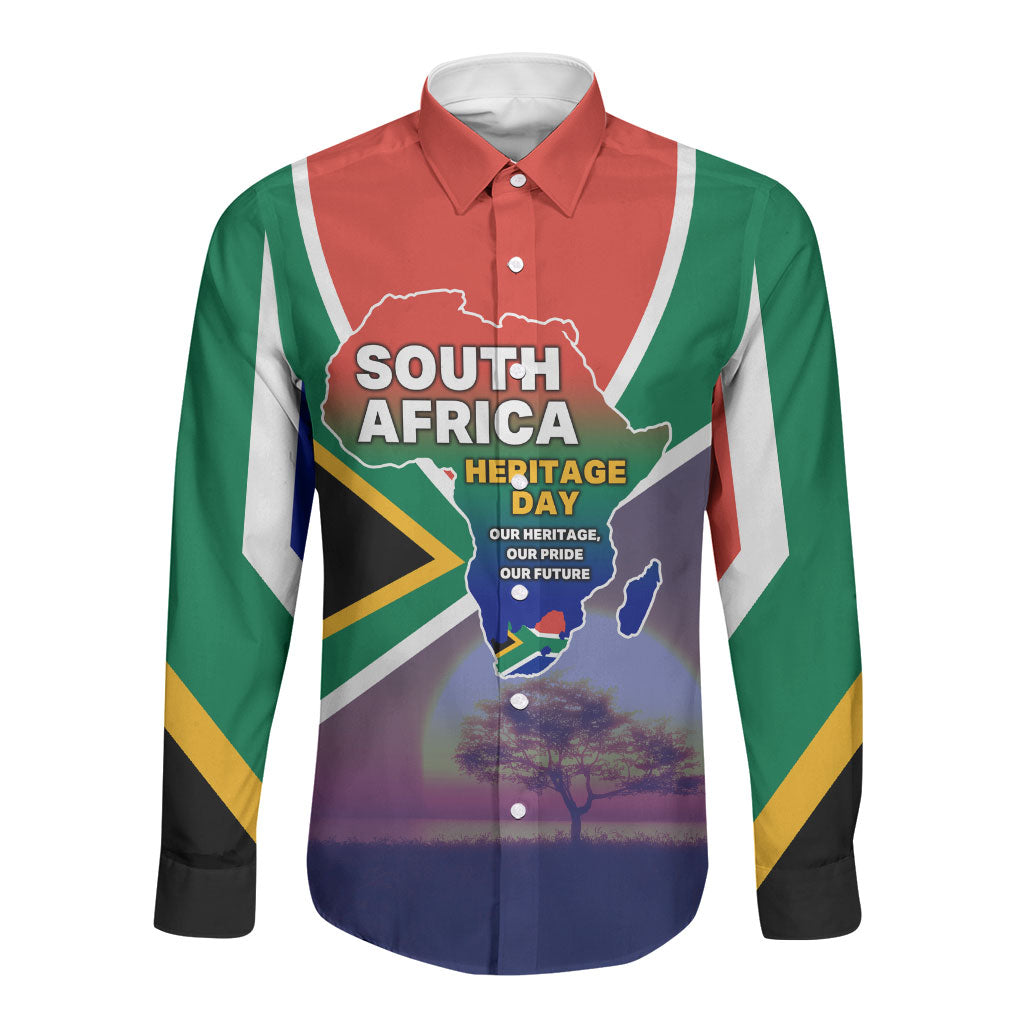 South Africa Heritage Day Long Sleeve Button Shirt Celebrating Roots Flag Map Sunset Savanna