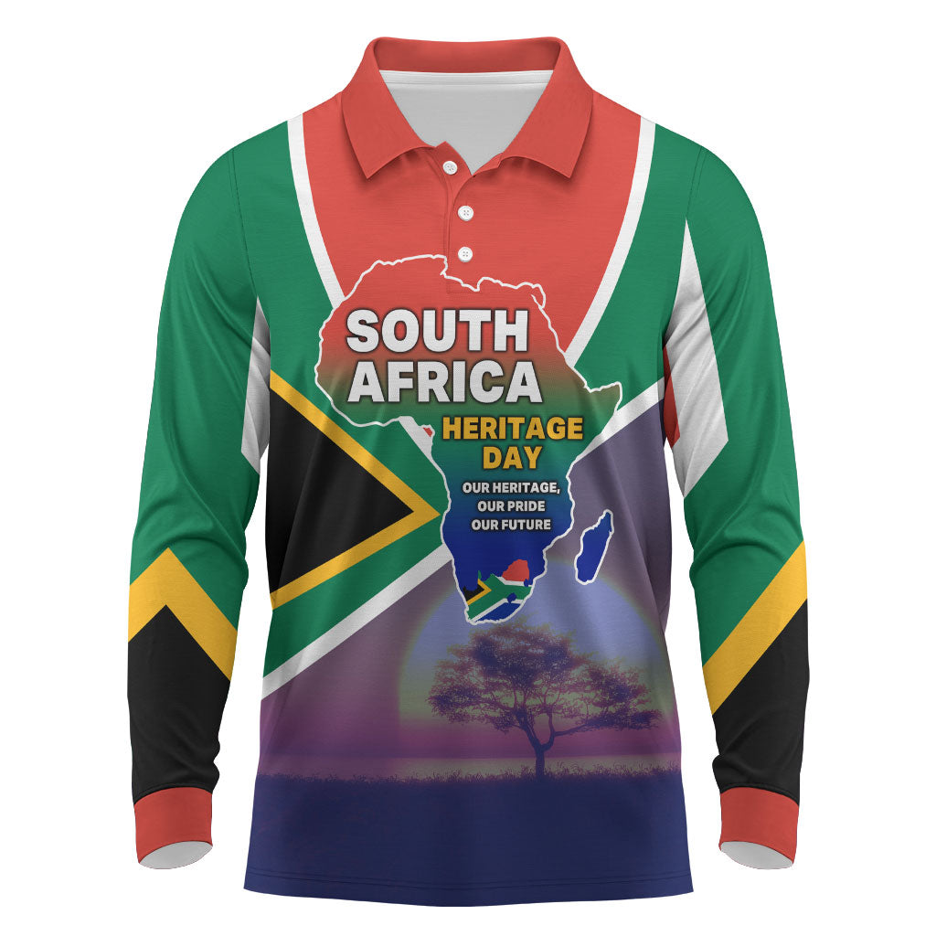 South Africa Heritage Day Long Sleeve Polo Shirt Celebrating Roots Flag Map Sunset Savanna