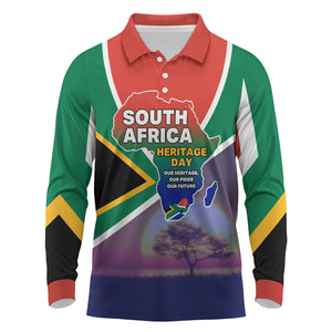 South Africa Heritage Day Long Sleeve Polo Shirt Celebrating Roots Flag Map Sunset Savanna
