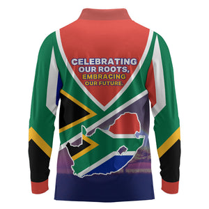 South Africa Heritage Day Long Sleeve Polo Shirt Celebrating Roots Flag Map Sunset Savanna