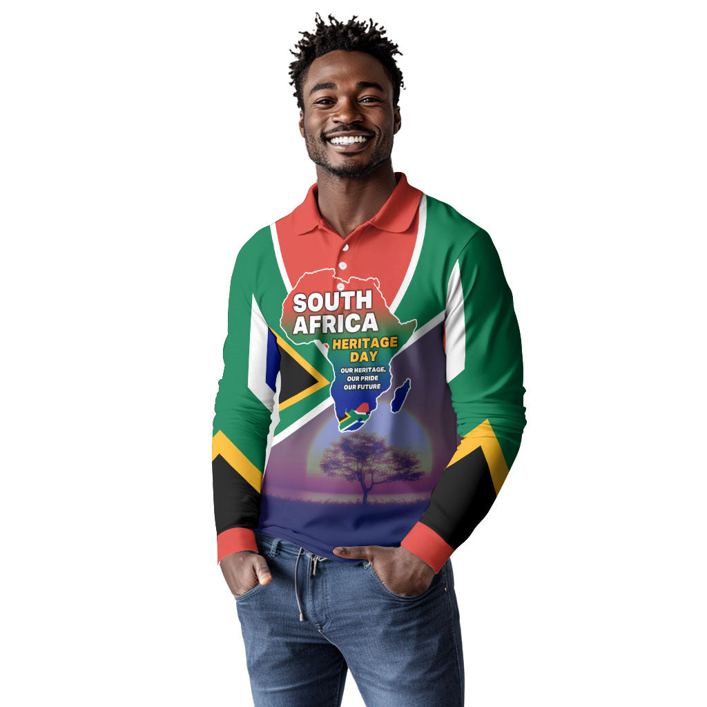 South Africa Heritage Day Long Sleeve Polo Shirt Celebrating Roots Flag Map Sunset Savanna