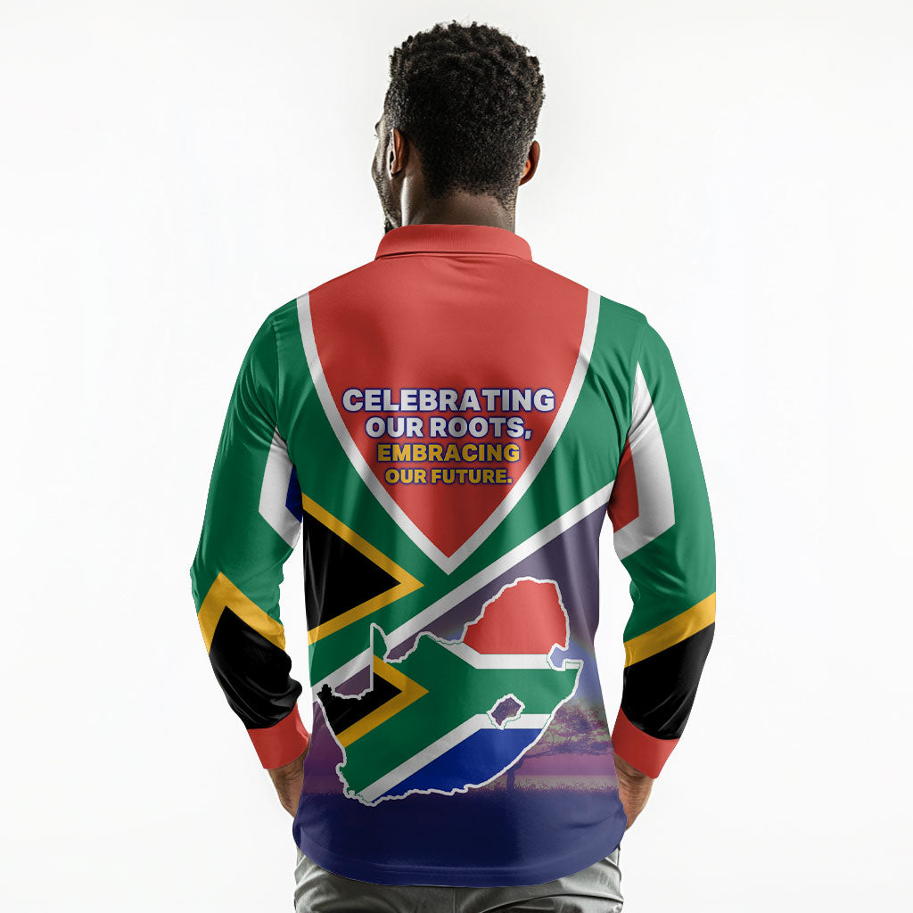 South Africa Heritage Day Long Sleeve Polo Shirt Celebrating Roots Flag Map Sunset Savanna