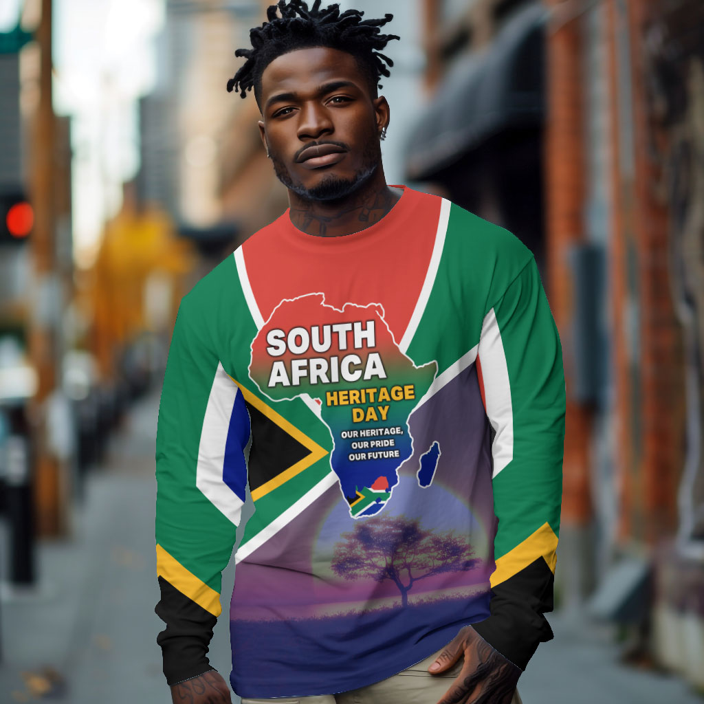 South Africa Heritage Day Long Sleeve Shirt Celebrating Roots Flag Map Sunset Savanna