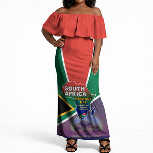 South Africa Heritage Day Off Shoulder Maxi Dress Celebrating Roots Flag Map Sunset Savanna