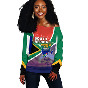 South Africa Heritage Day Off Shoulder Sweater Celebrating Roots Flag Map Sunset Savanna