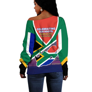 South Africa Heritage Day Off Shoulder Sweater Celebrating Roots Flag Map Sunset Savanna