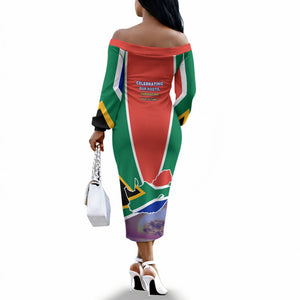 South Africa Heritage Day Off The Shoulder Long Sleeve Dress Celebrating Roots Flag Map Sunset Savanna