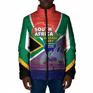 South Africa Heritage Day Padded Jacket Celebrating Roots Flag Map Sunset Savanna