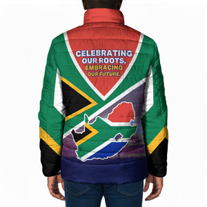 South Africa Heritage Day Padded Jacket Celebrating Roots Flag Map Sunset Savanna