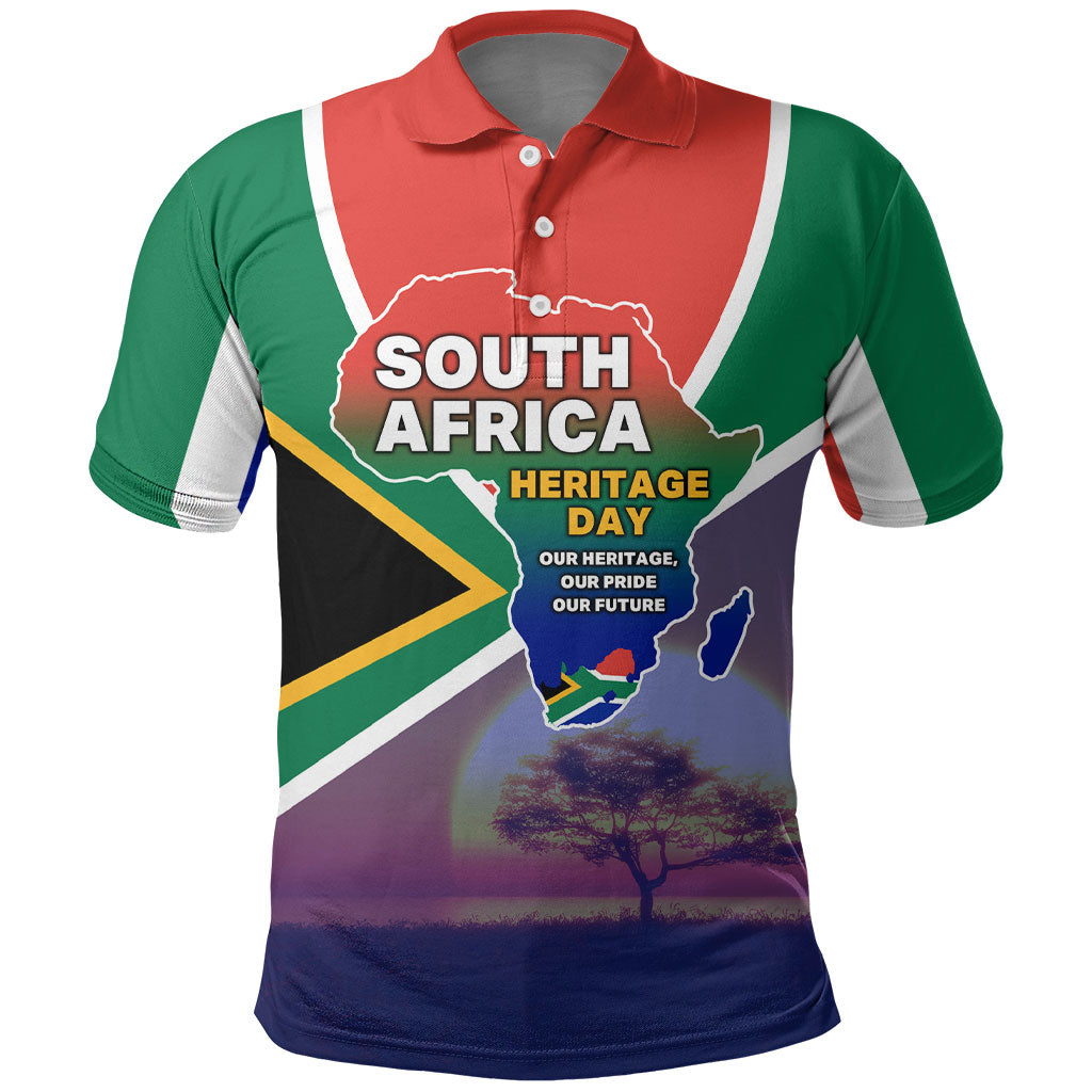 South Africa Heritage Day Polo Shirt Celebrating Roots Flag Map Sunset Savanna