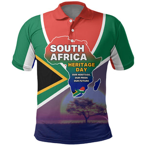 South Africa Heritage Day Polo Shirt Celebrating Roots Flag Map Sunset Savanna