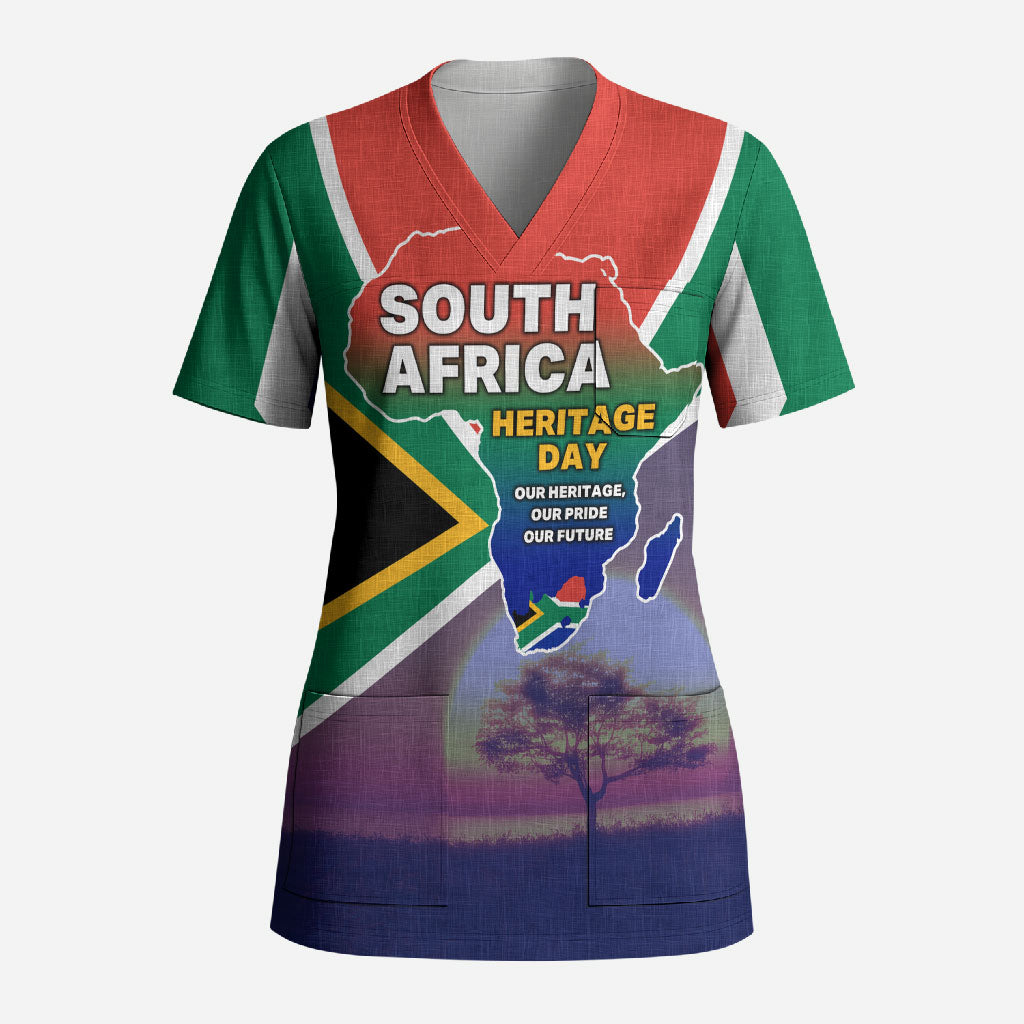 South Africa Heritage Day Scrub Top Celebrating Roots Flag Map Sunset Savanna