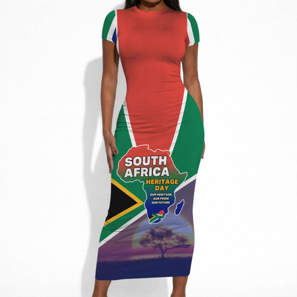 South Africa Heritage Day Short Sleeve Bodycon Dress Celebrating Roots Flag Map Sunset Savanna