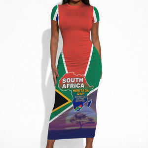 South Africa Heritage Day Short Sleeve Bodycon Dress Celebrating Roots Flag Map Sunset Savanna