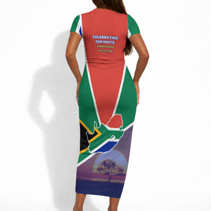 South Africa Heritage Day Short Sleeve Bodycon Dress Celebrating Roots Flag Map Sunset Savanna