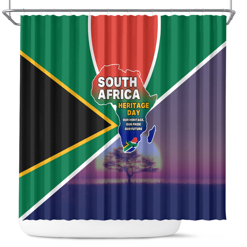 South Africa Heritage Day Shower Curtain Celebrating Roots Flag Map Sunset Savanna