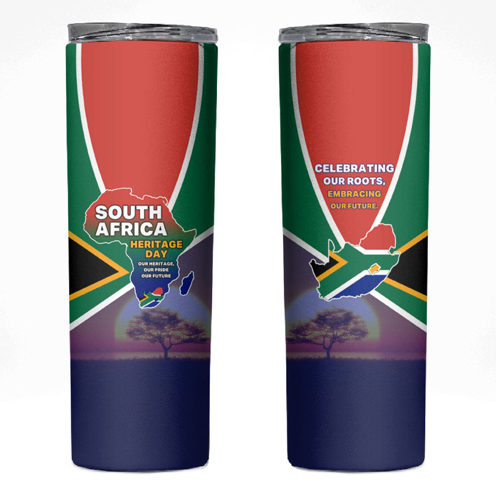 South Africa Heritage Day Skinny Tumbler Celebrating Roots Flag Map Sunset Savanna