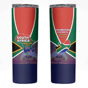 South Africa Heritage Day Skinny Tumbler Celebrating Roots Flag Map Sunset Savanna
