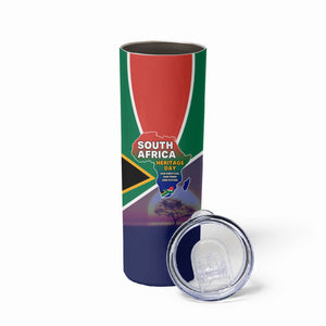 South Africa Heritage Day Skinny Tumbler Celebrating Roots Flag Map Sunset Savanna