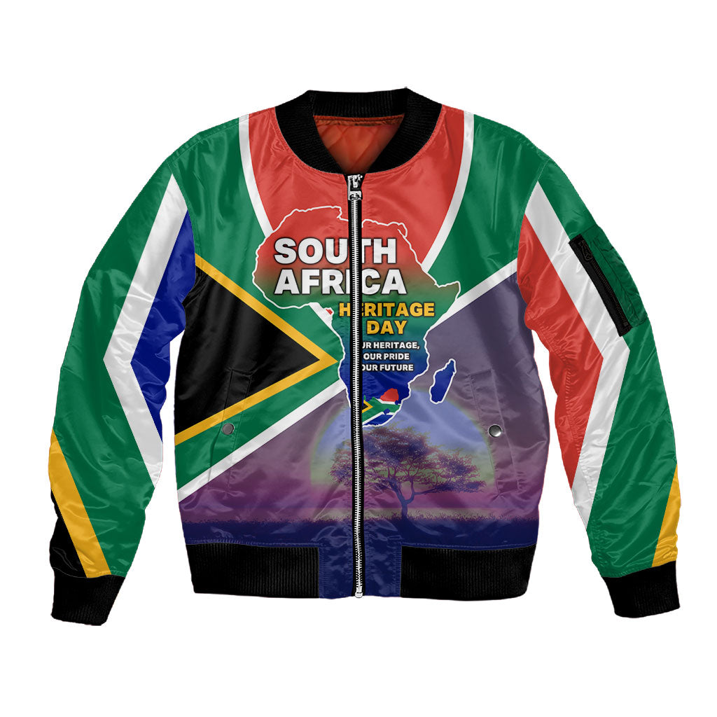 South Africa Heritage Day Sleeve Zip Bomber Jacket Celebrating Roots Flag Map Sunset Savanna