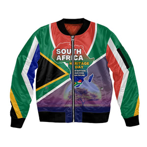 South Africa Heritage Day Sleeve Zip Bomber Jacket Celebrating Roots Flag Map Sunset Savanna