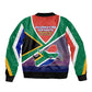 South Africa Heritage Day Sleeve Zip Bomber Jacket Celebrating Roots Flag Map Sunset Savanna