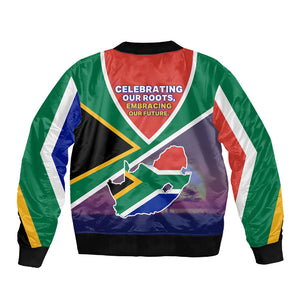 South Africa Heritage Day Sleeve Zip Bomber Jacket Celebrating Roots Flag Map Sunset Savanna