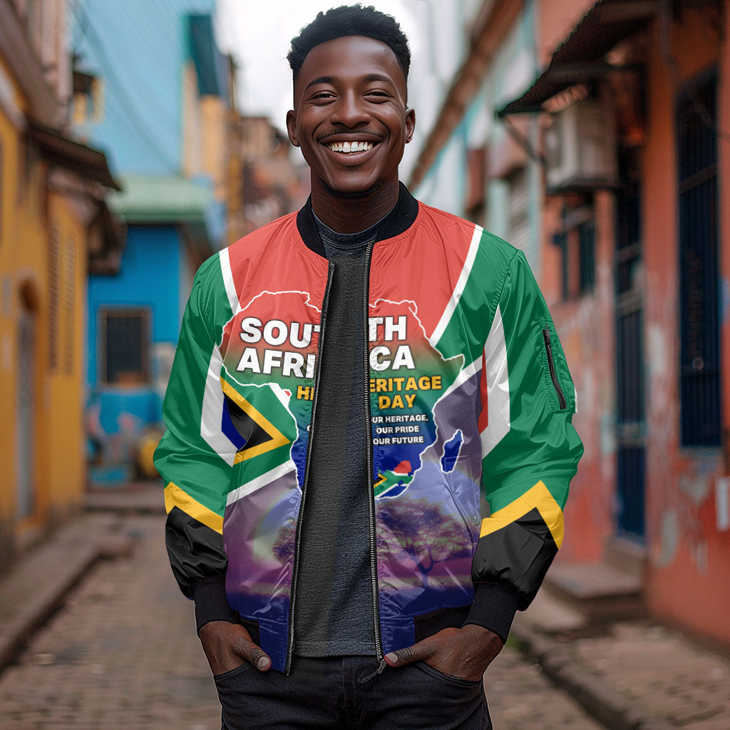 South Africa Heritage Day Sleeve Zip Bomber Jacket Celebrating Roots Flag Map Sunset Savanna